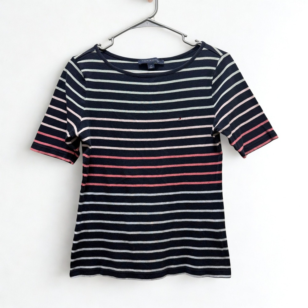 Tommy Hilfiger Women Striped Boat Neck T Shirt Navy Pink‎ White Size S P